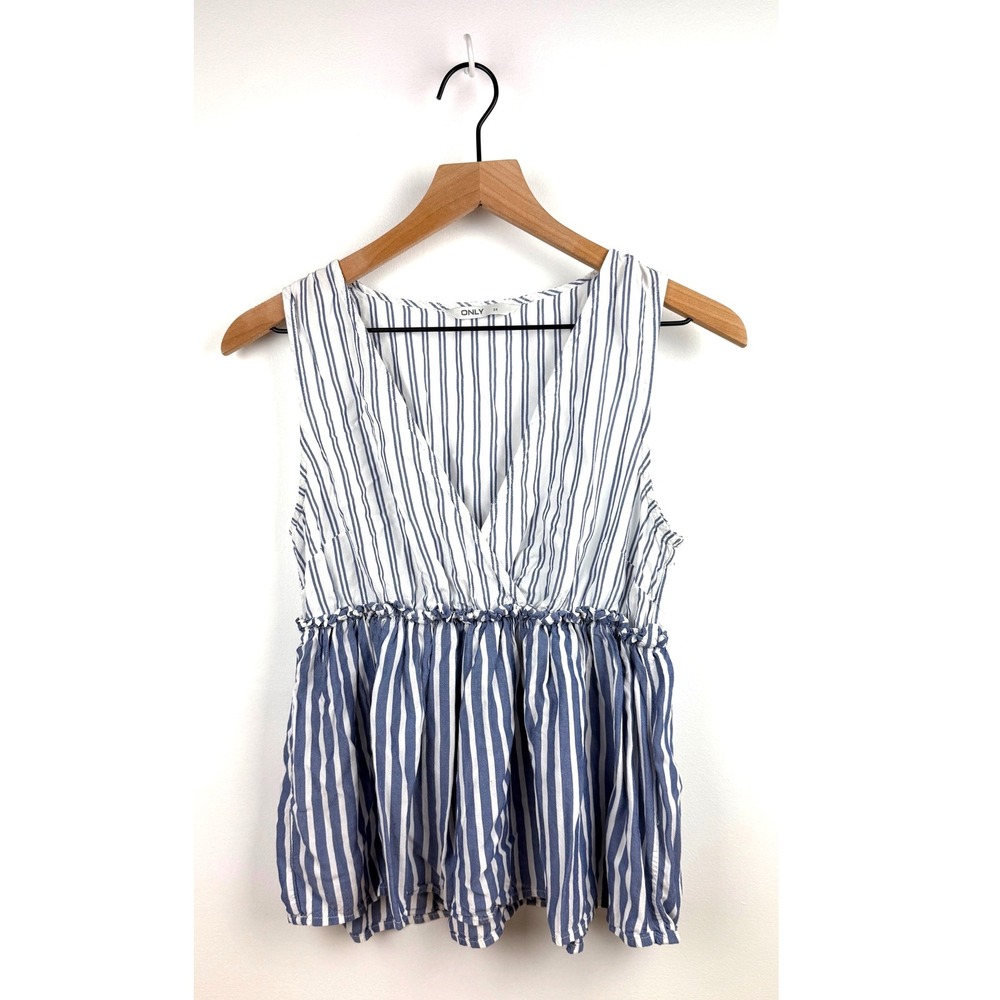 ONLY Striped Peplum Tank Top Sleeveless Blue White Blouse Women's